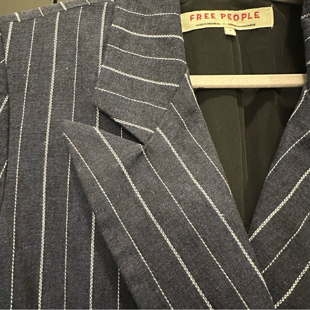 Free People Ashby Double-Breasted Blazer in Navy Pinstripe - Picture 6 of 9